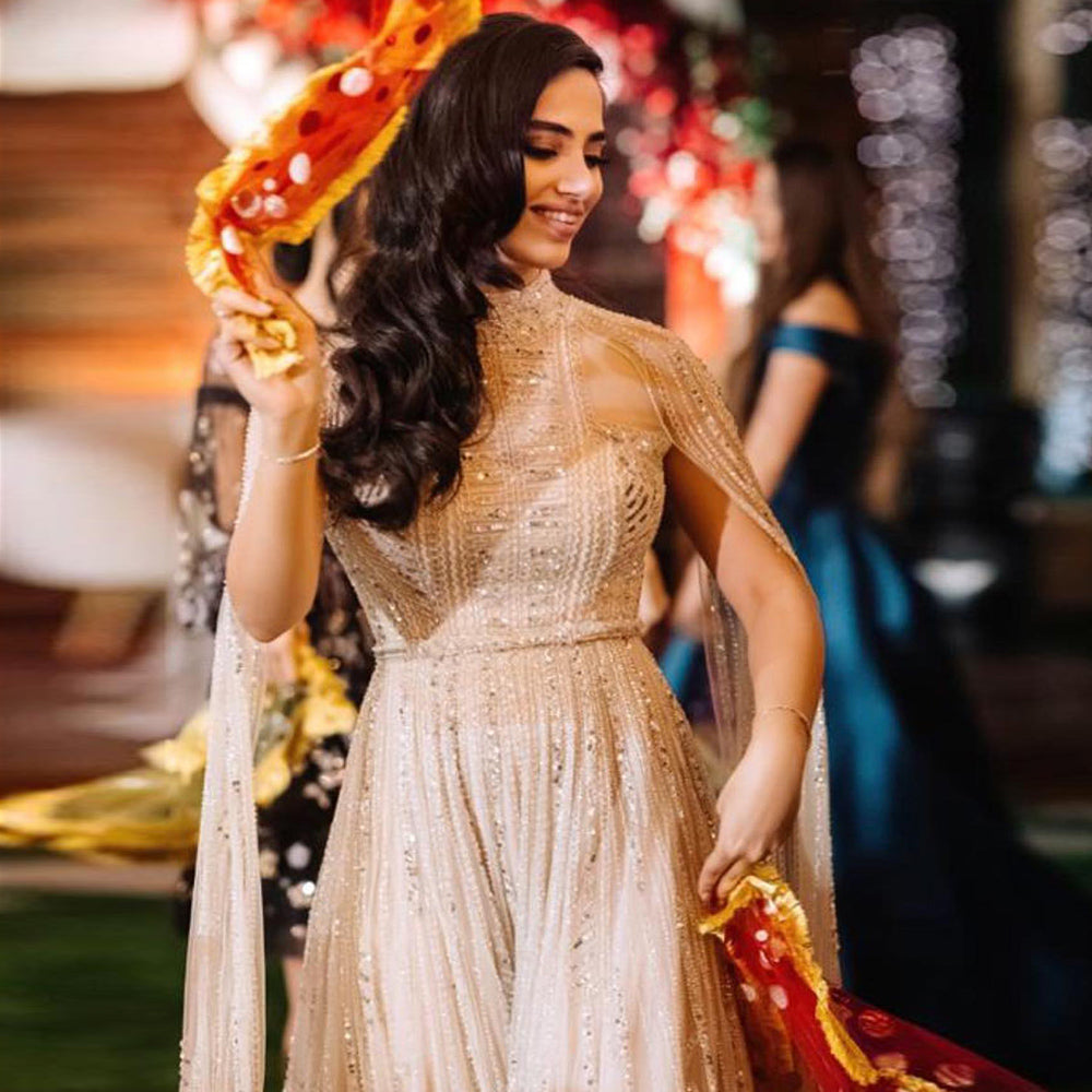 Luxury Dubai Grey Nude Arabic Evening Dresses with Cape Sleeves Elegant Women Formal Gowns for Wodding Party SS428