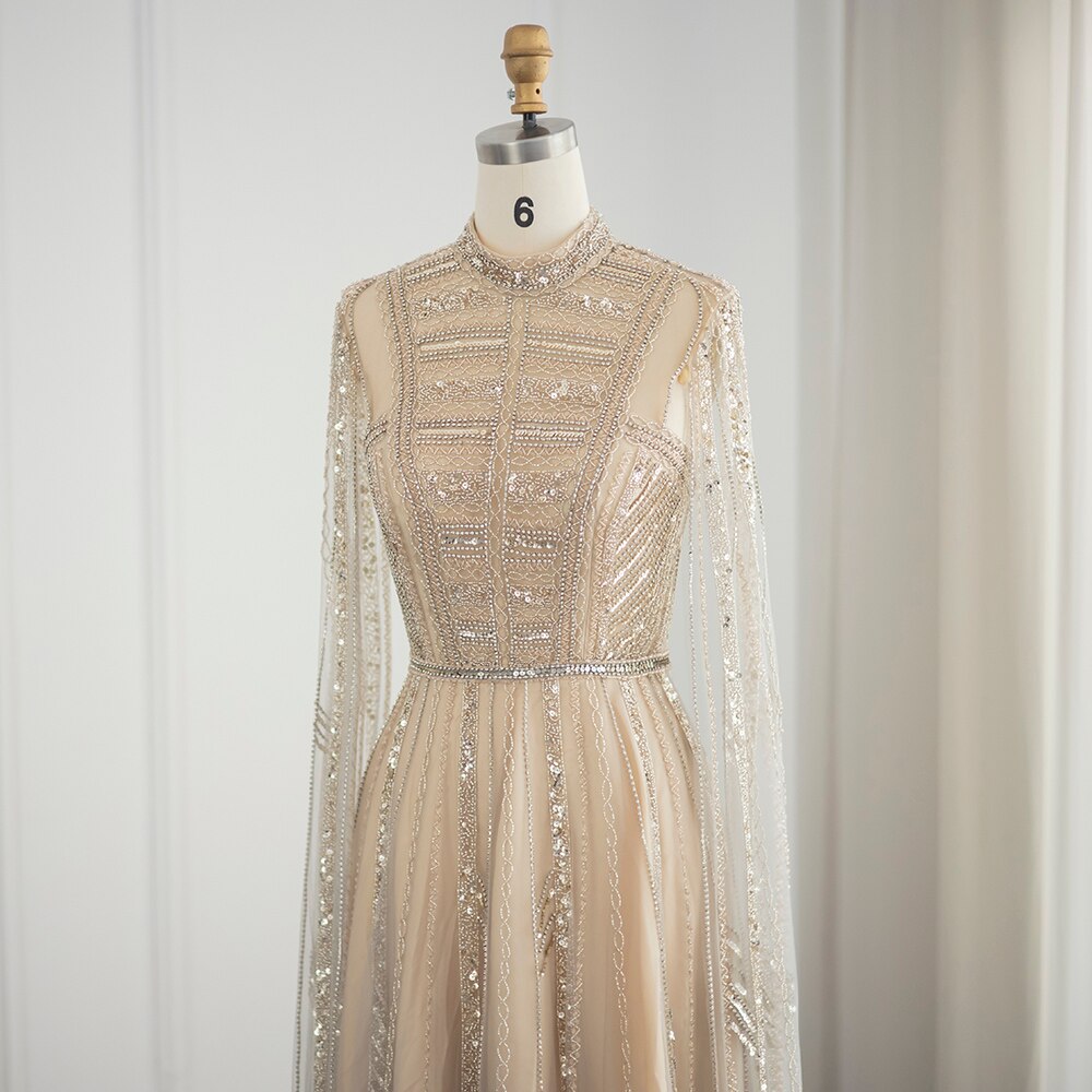 Luxury Dubai Grey Nude Arabic Evening Dresses with Cape Sleeves Elegant Women Formal Gowns for Wodding Party SS428