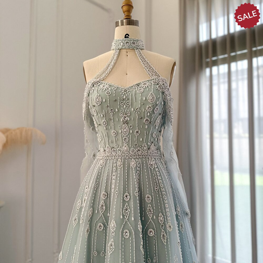 Luxury Dubai Light Blue Evening Dress for Women Wedding Elegant Off Shoulder Beaded Arabic Formal Party Gowns SS418