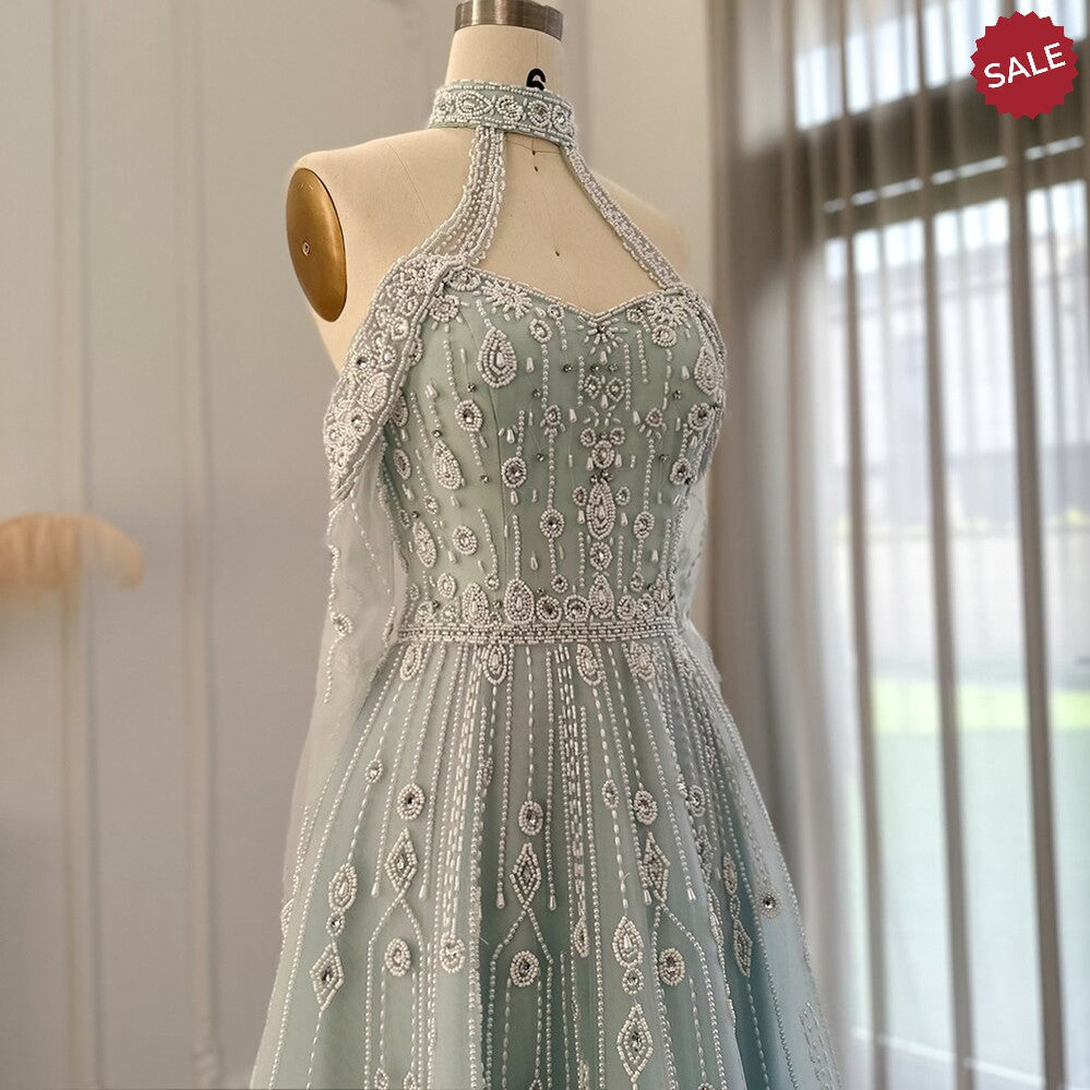 Luxury Dubai Light Blue Evening Dress for Women Wedding Elegant Off Shoulder Beaded Arabic Formal Party Gowns SS418