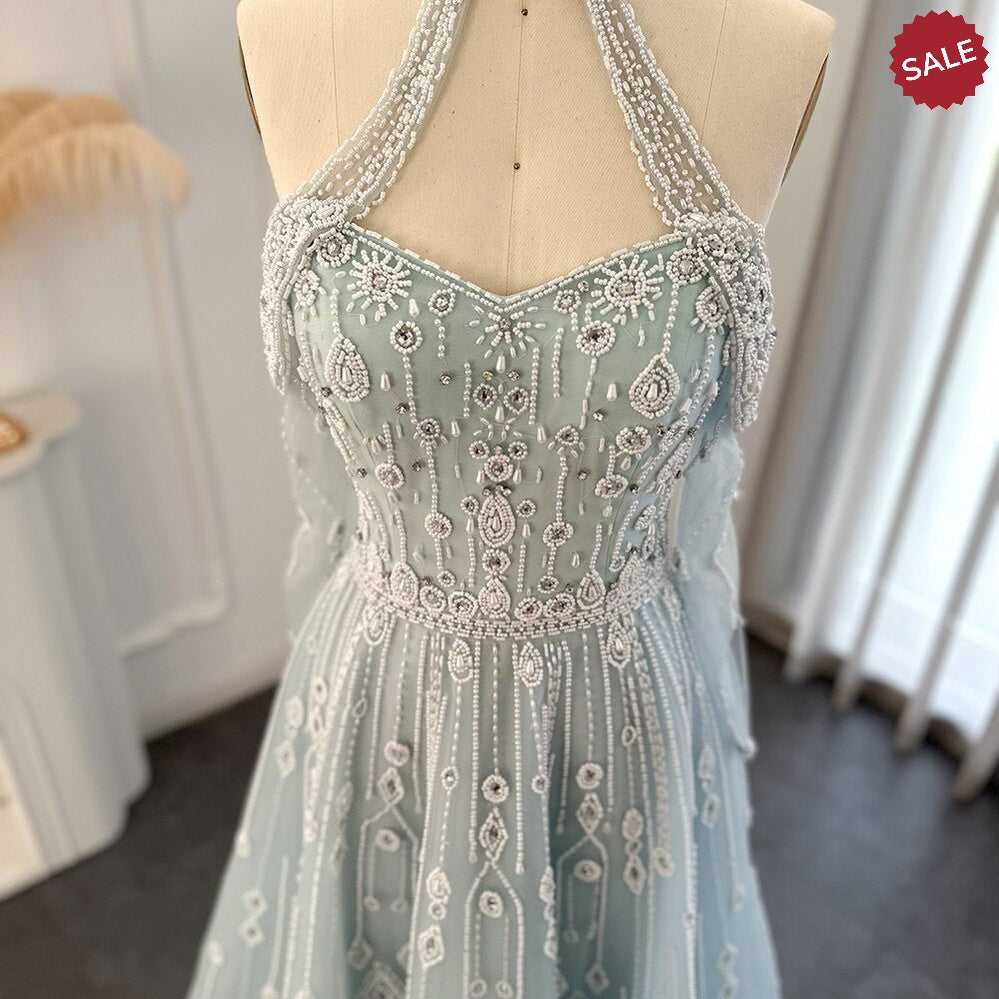 Luxury Dubai Light Blue Evening Dress for Women Wedding Elegant Off Shoulder Beaded Arabic Formal Party Gowns SS418