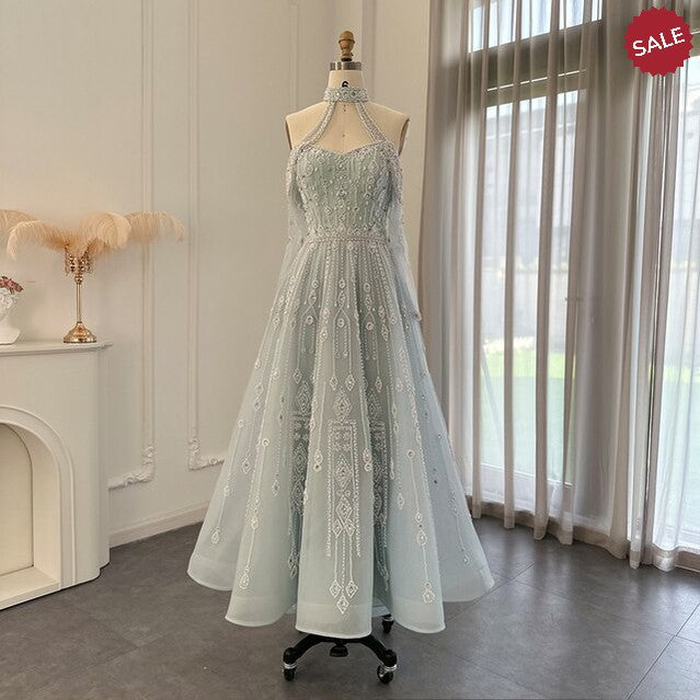 Luxury Dubai Light Blue Evening Dress for Women Wedding Elegant Off Shoulder Beaded Arabic Formal Party Gowns SS418