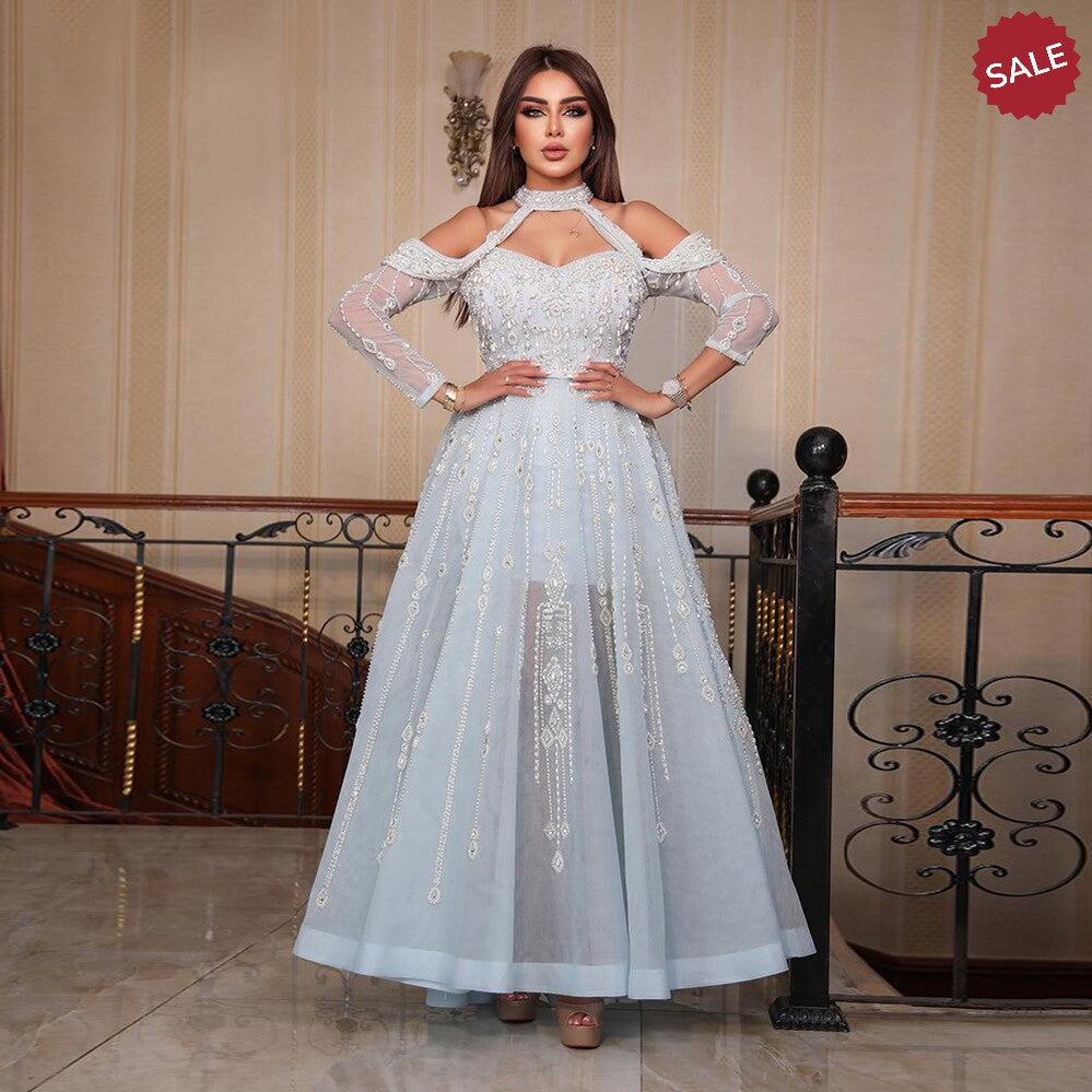 Luxury Dubai Light Blue Evening Dress for Women Wedding Elegant Off Shoulder Beaded Arabic Formal Party Gowns SS418