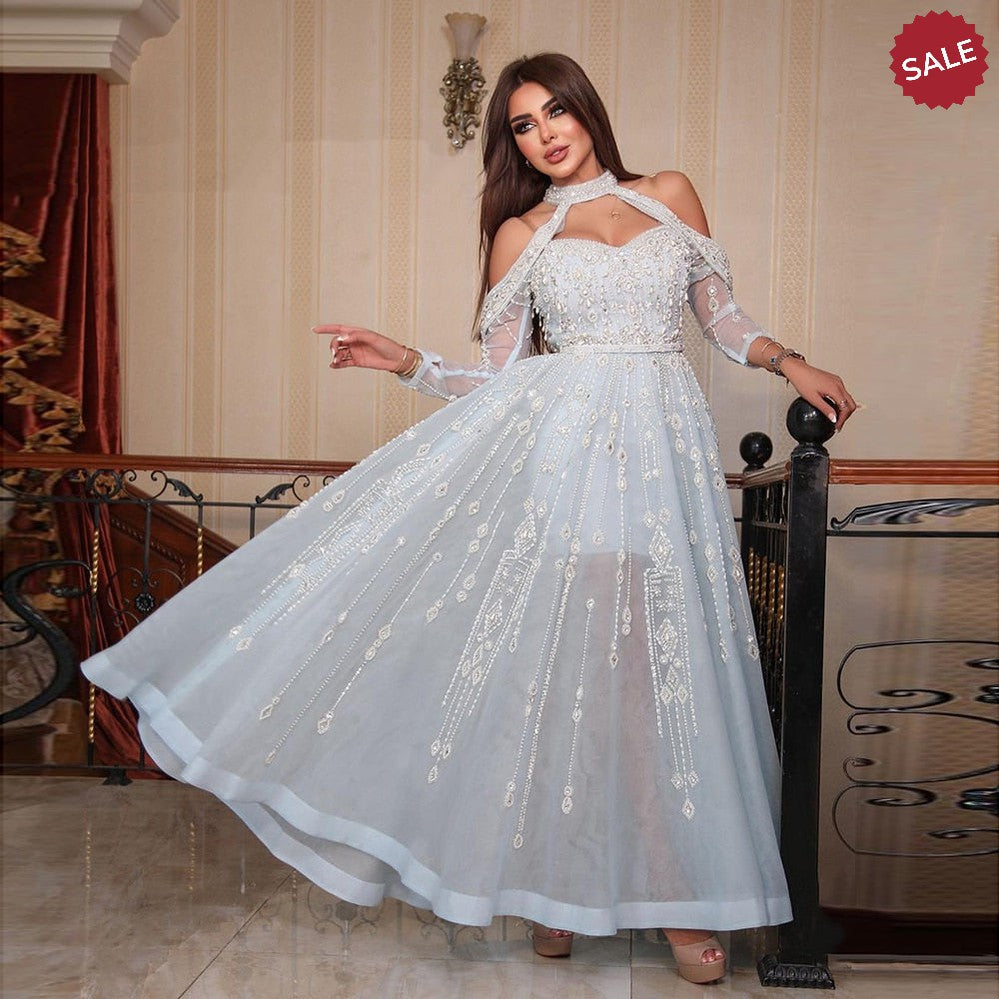 Luxury Dubai Light Blue Evening Dress for Women Wedding Elegant Off Shoulder Beaded Arabic Formal Party Gowns SS418