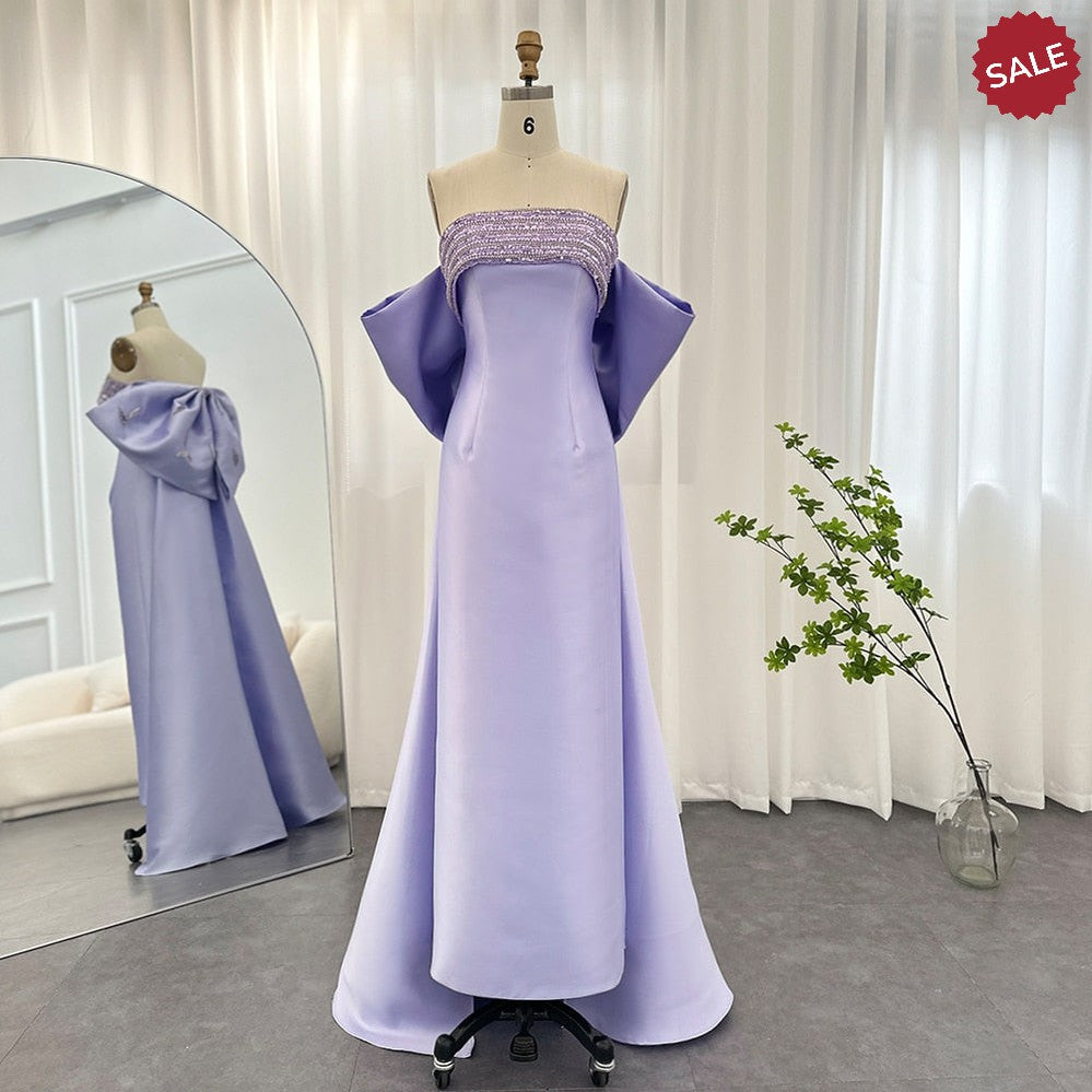 Luxury Dubai Lilac Arabic Evening Dresses with Bow Cape Beaded 2023 Elegant Women Wedding Formal Party Gowns SS319