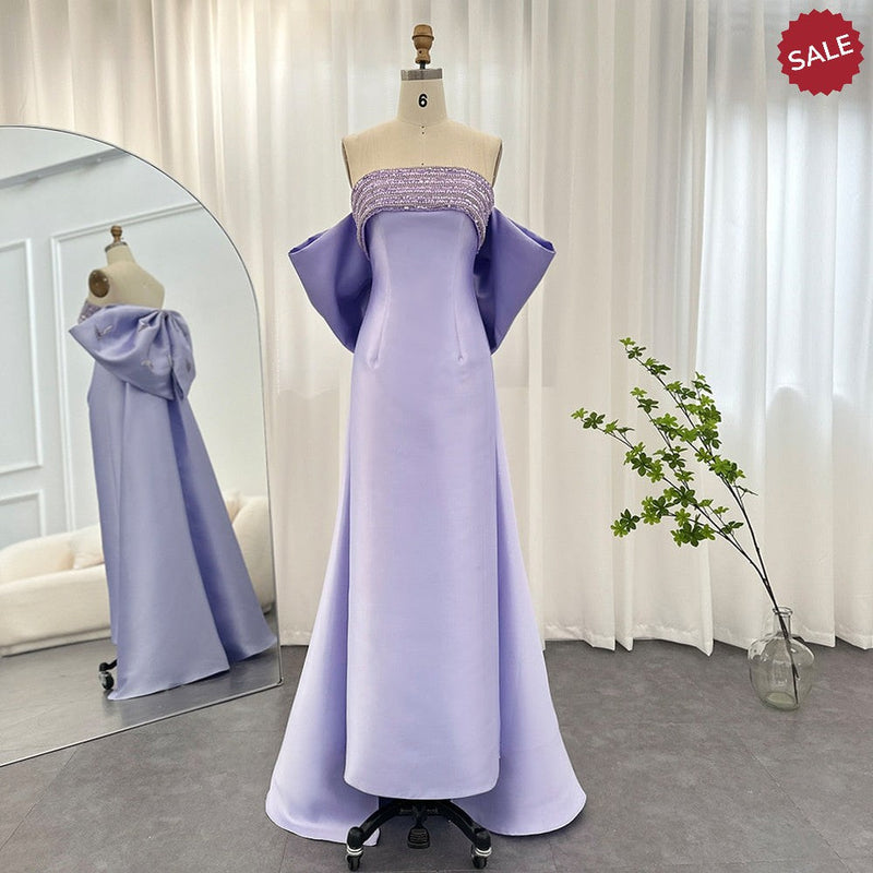 Luxury Dubai Lilac Arabic Evening Dresses with Bow Cape Beaded 2023 Elegant Women Wedding Formal Party Gowns SS319