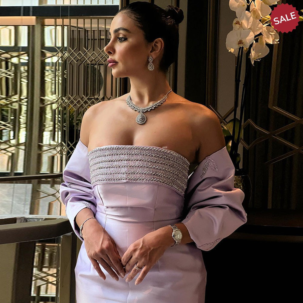 Luxury Dubai Lilac Arabic Evening Dresses with Bow Cape Beaded 2023 Elegant Women Wedding Formal Party Gowns SS319