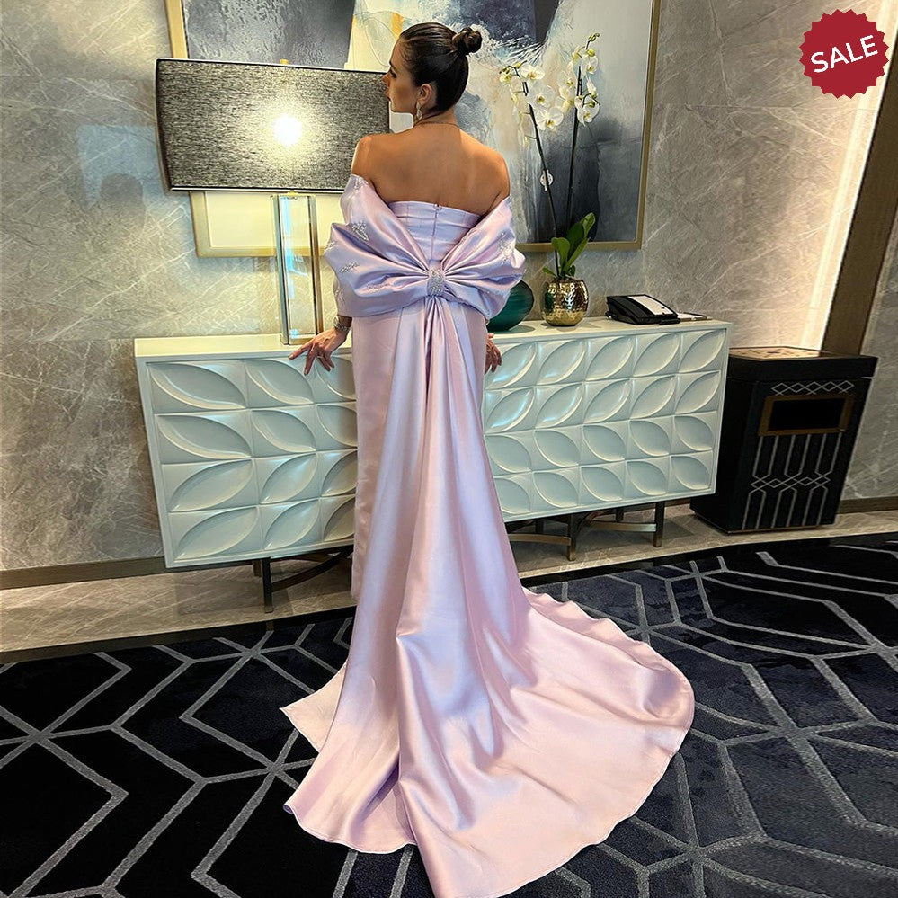 Luxury Dubai Lilac Arabic Evening Dresses with Bow Cape Beaded 2023 Elegant Women Wedding Formal Party Gowns SS319