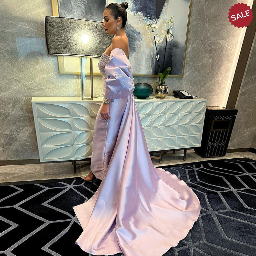 Luxury Dubai Lilac Arabic Evening Dresses with Bow Cape Beaded 2023 Elegant Women Wedding Formal Party Gowns SS319