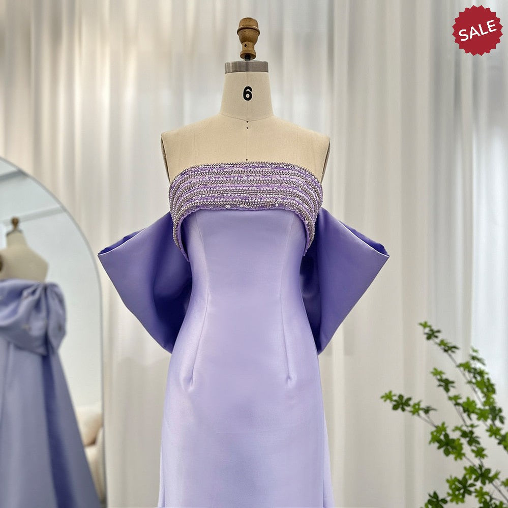 Luxury Dubai Lilac Arabic Evening Dresses with Bow Cape Beaded 2023 Elegant Women Wedding Formal Party Gowns SS319