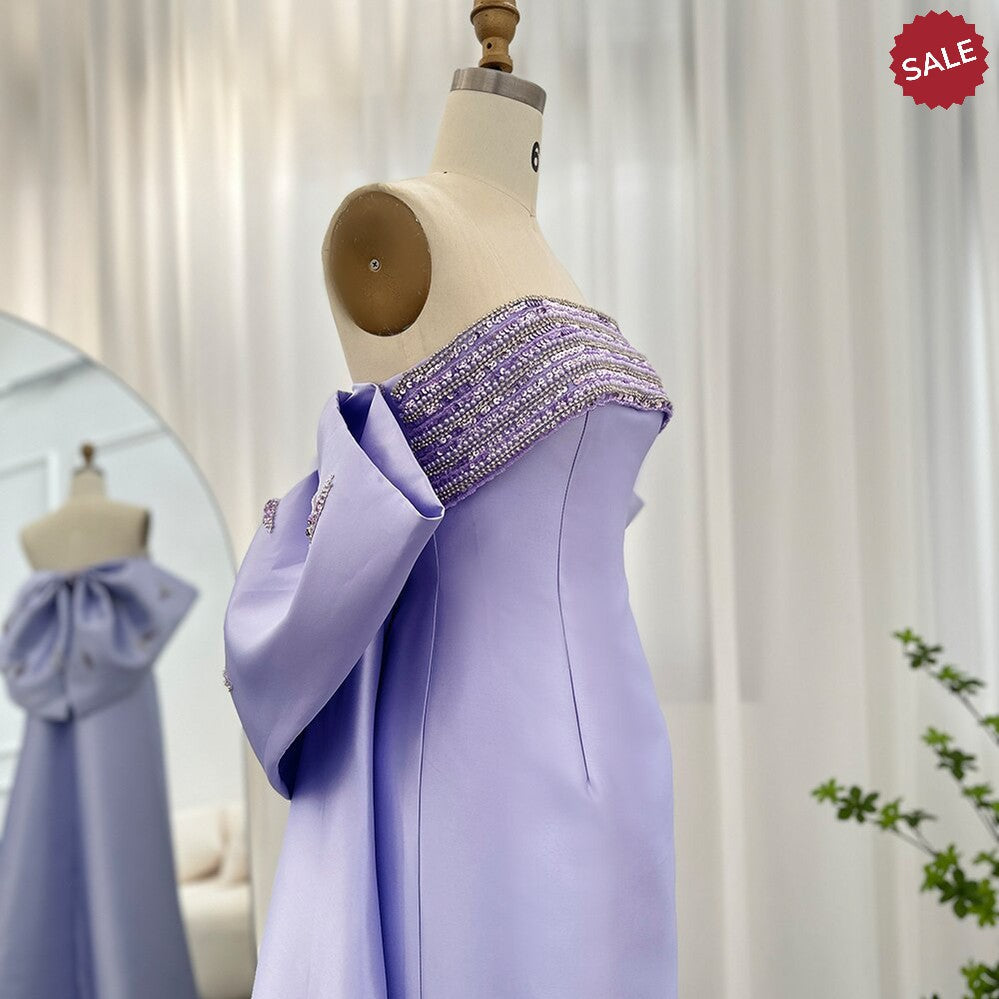 Luxury Dubai Lilac Arabic Evening Dresses with Bow Cape Beaded 2023 Elegant Women Wedding Formal Party Gowns SS319