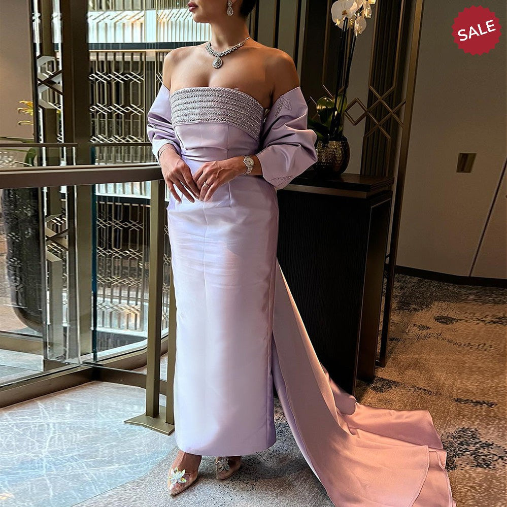 Luxury Dubai Lilac Arabic Evening Dresses with Bow Cape Beaded 2023 Elegant Women Wedding Formal Party Gowns SS319