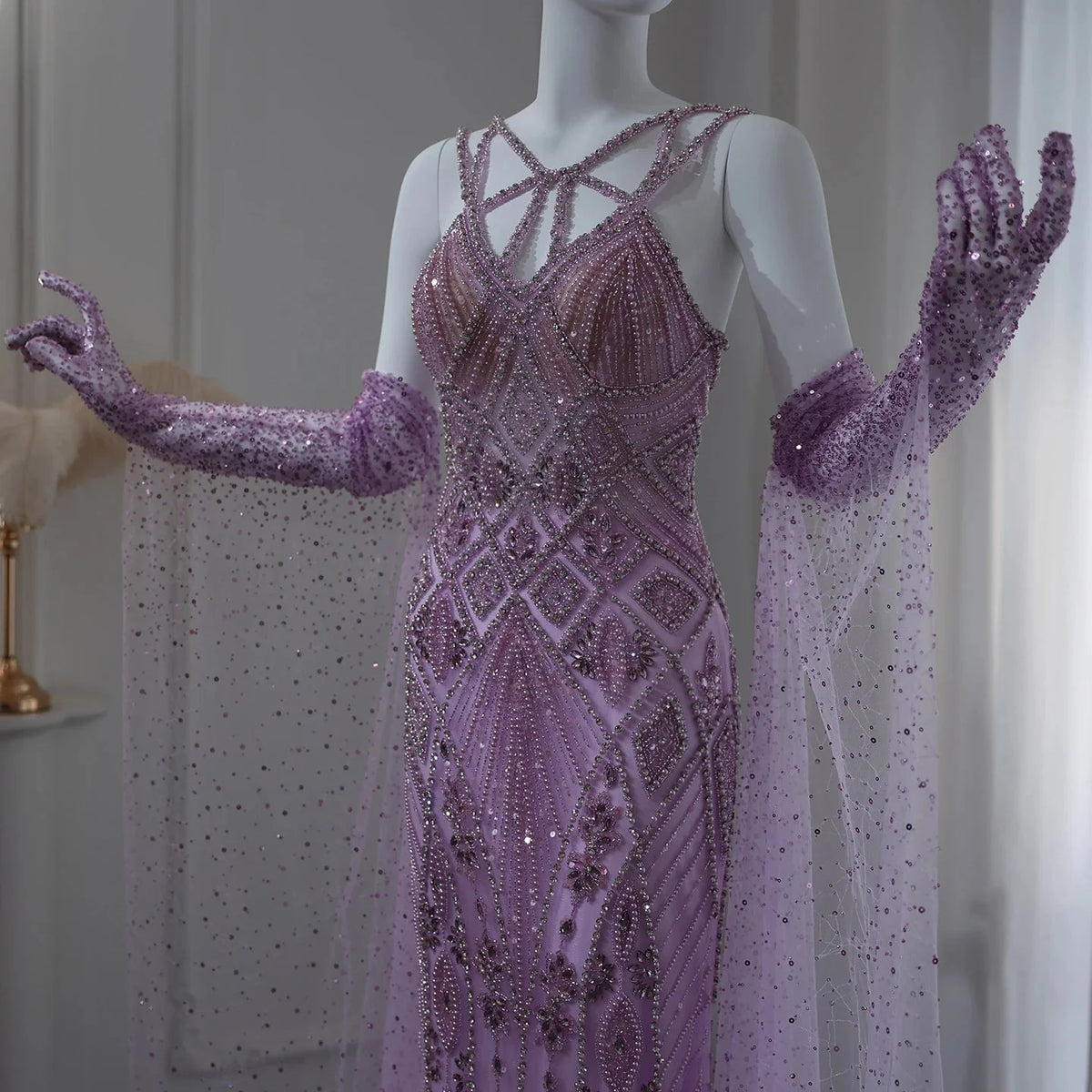 Luxury Dubai Lilac Evening Dresses with Gloves Cape Sleeves Long Straight Beyonce Celebrity Prom Party Gowns SS437