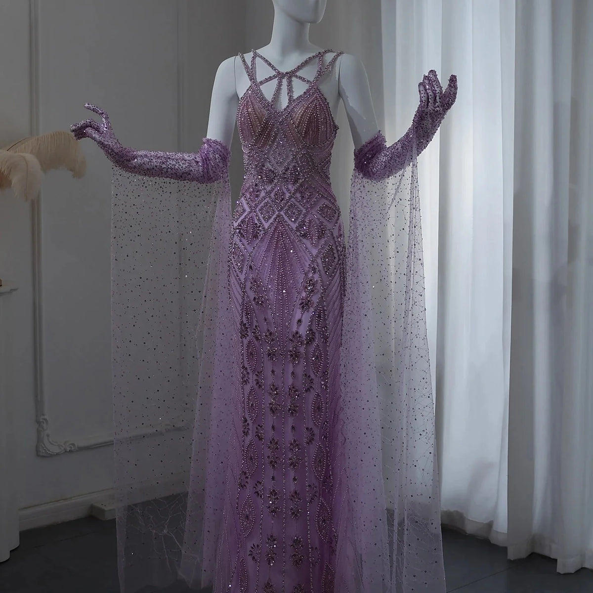 Luxury Dubai Lilac Evening Dresses with Gloves Cape Sleeves Long Straight Beyonce Celebrity Prom Party Gowns SS437