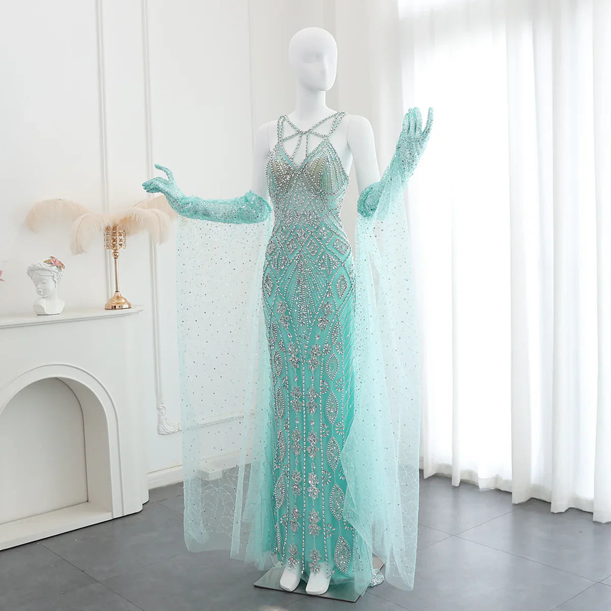 Luxury Dubai Lilac Evening Dresses with Gloves Cape Sleeves Long Straight Beyonce Celebrity Prom Party Gowns SS437