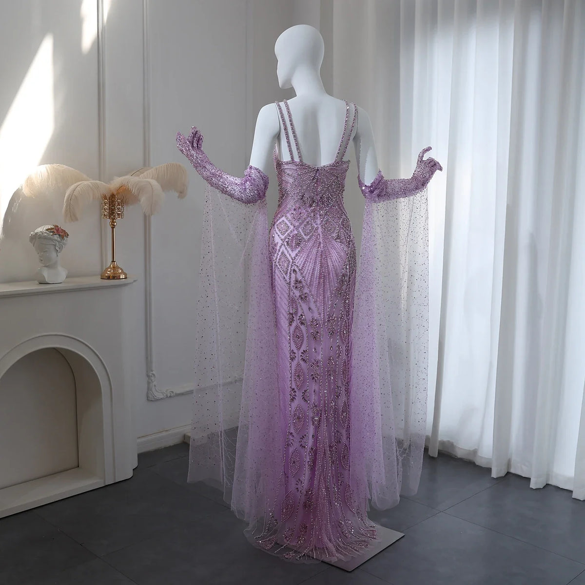 Luxury Dubai Lilac Evening Dresses with Gloves Cape Sleeves Long Straight Beyonce Celebrity Prom Party Gowns SS437
