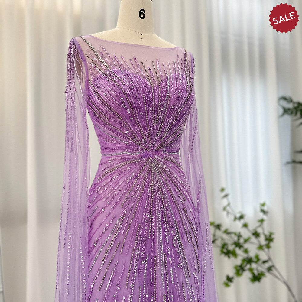 Luxury Dubai Lilac Feathers Evening Dresses with Cape Sleeves 2024 Arabic Long Women Wedding Party Prom Dress SS196