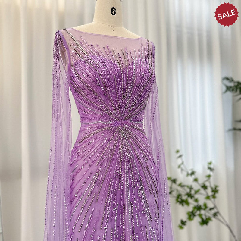 Luxury Dubai Lilac Feathers Evening Dresses with Cape Sleeves 2024 Arabic Long Women Wedding Party Prom Dress SS196