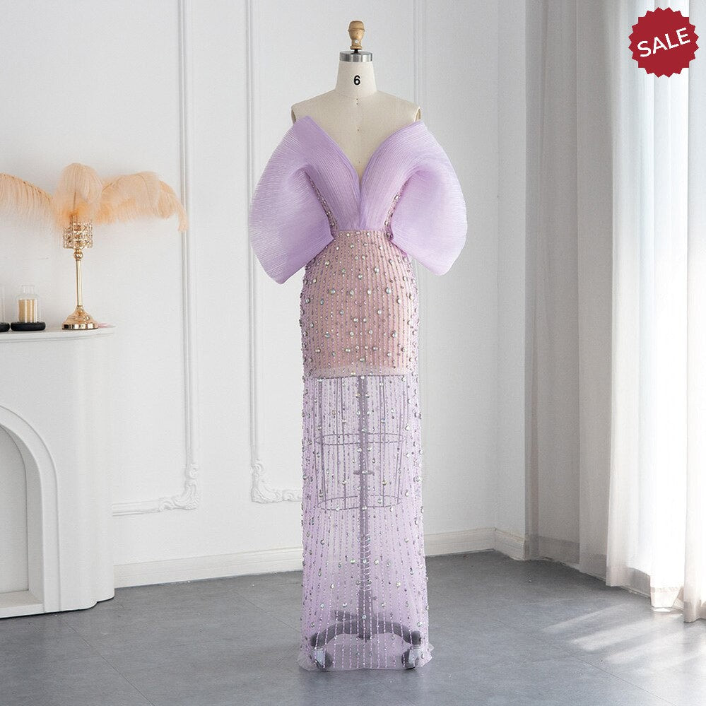 Luxury Dubai Lilac Long Evening Dress for Women Wedding Party 2023 Elegant Off Shoulder Arabic Formal Prom Gown SS327