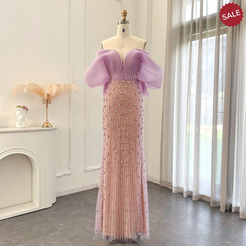 Luxury Dubai Lilac Long Evening Dress for Women Wedding Party 2023 Elegant Off Shoulder Arabic Formal Prom Gown SS327