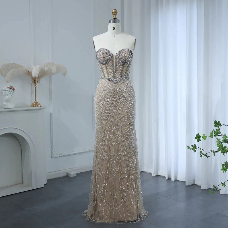 Luxury Dubai Mermaid Crystal Nude Evening Dresses Elegant Sweetheart Beaded Arabic Women Wedding Party Gowns SS223