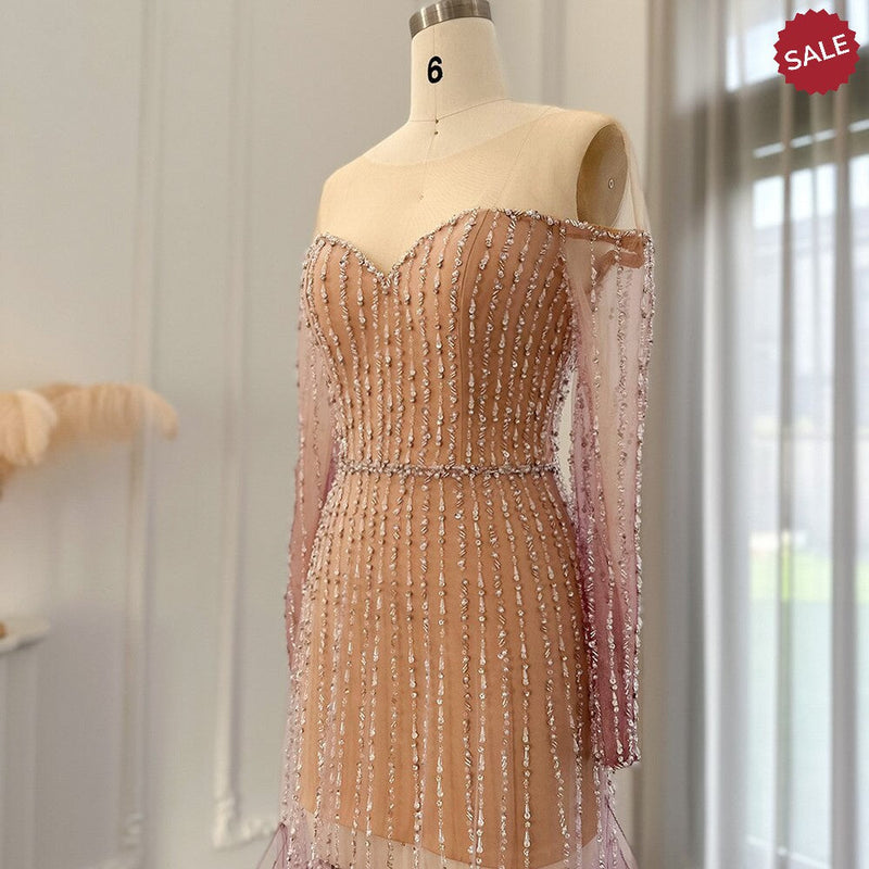 Luxury Dubai Mermaid Evening Dress for Wedding Elegant Long Sleeve See Through Arabic Formal Party Gown SS328
