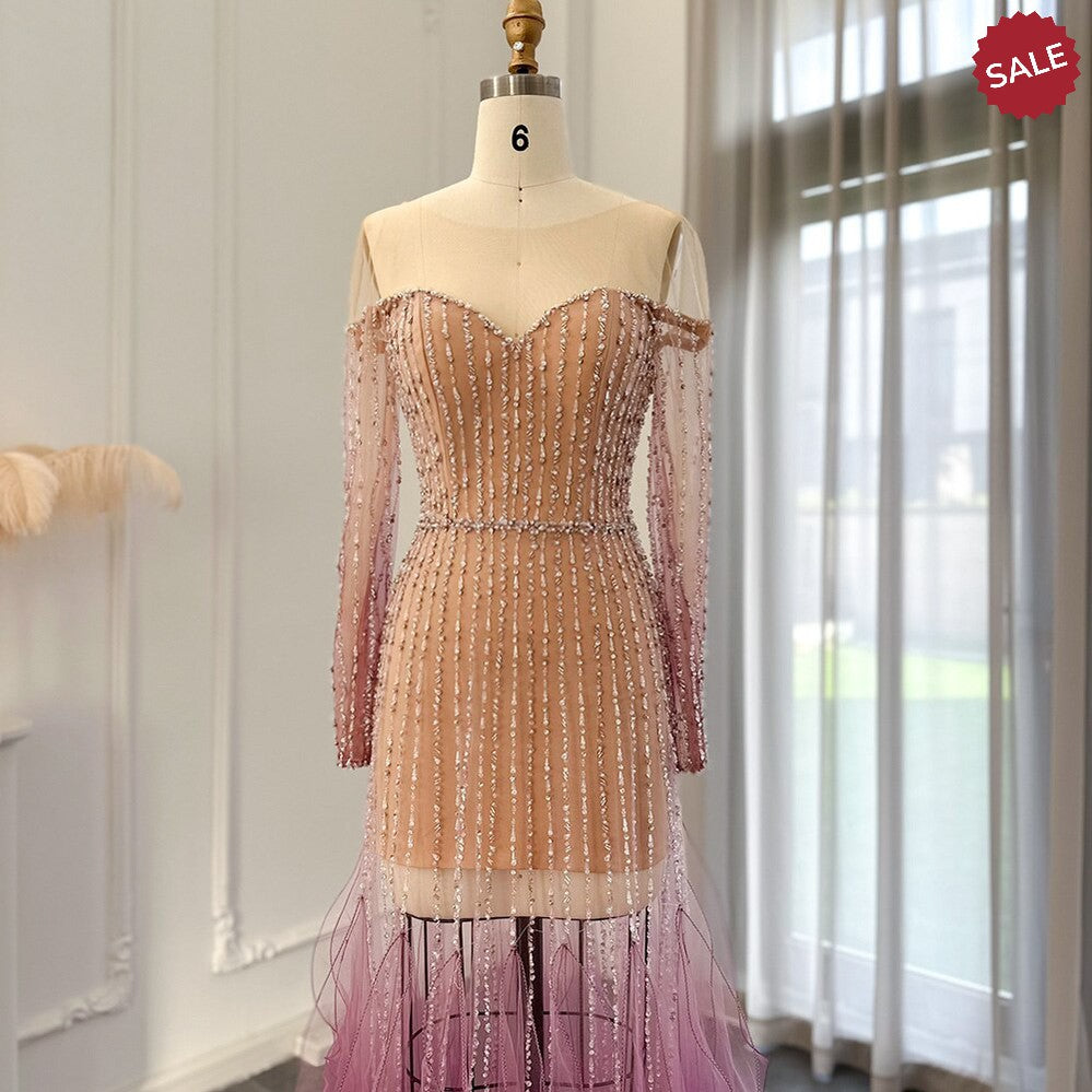 Luxury Dubai Mermaid Evening Dress for Wedding Elegant Long Sleeve See Through Arabic Formal Party Gown SS328