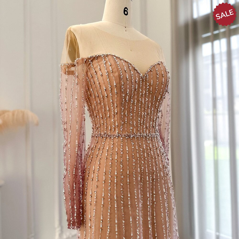 Luxury Dubai Mermaid Evening Dress for Wedding Elegant Long Sleeve See Through Arabic Formal Party Gown SS328