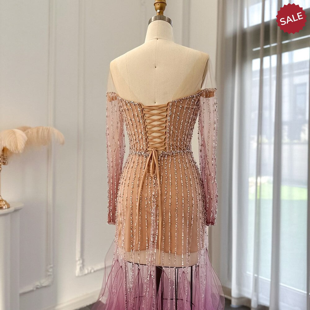 Luxury Dubai Mermaid Evening Dress for Wedding Elegant Long Sleeve See Through Arabic Formal Party Gown SS328