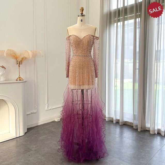 Luxury Dubai Mermaid Evening Dress for Wedding Elegant Long Sleeve See Through Arabic Formal Party Gown SS328