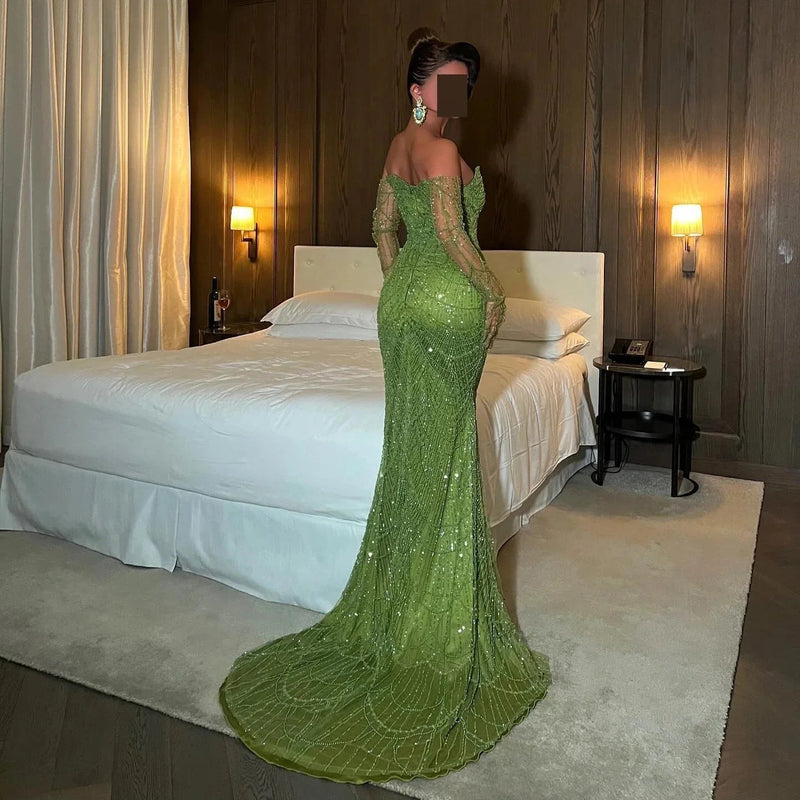 Luxury Dubai Mermaid Green Evening Dresses with Gloves Elegant Saudi Arabia Women Wedding Party Gowns SS306