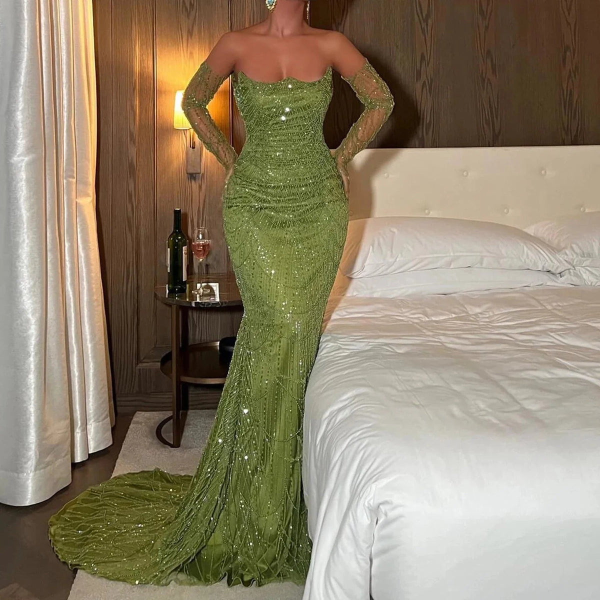 Luxury Dubai Mermaid Green Evening Dresses with Gloves Elegant Saudi Arabia Women Wedding Party Gowns SS306