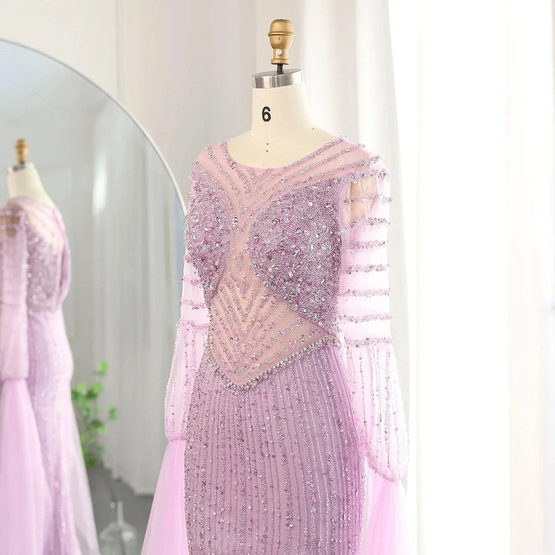 Luxury Dubai Mermaid Lilac Evening Dress with Cape Sleeves Slit Elegant Sage Green Women Wedding Party Gowns SS178