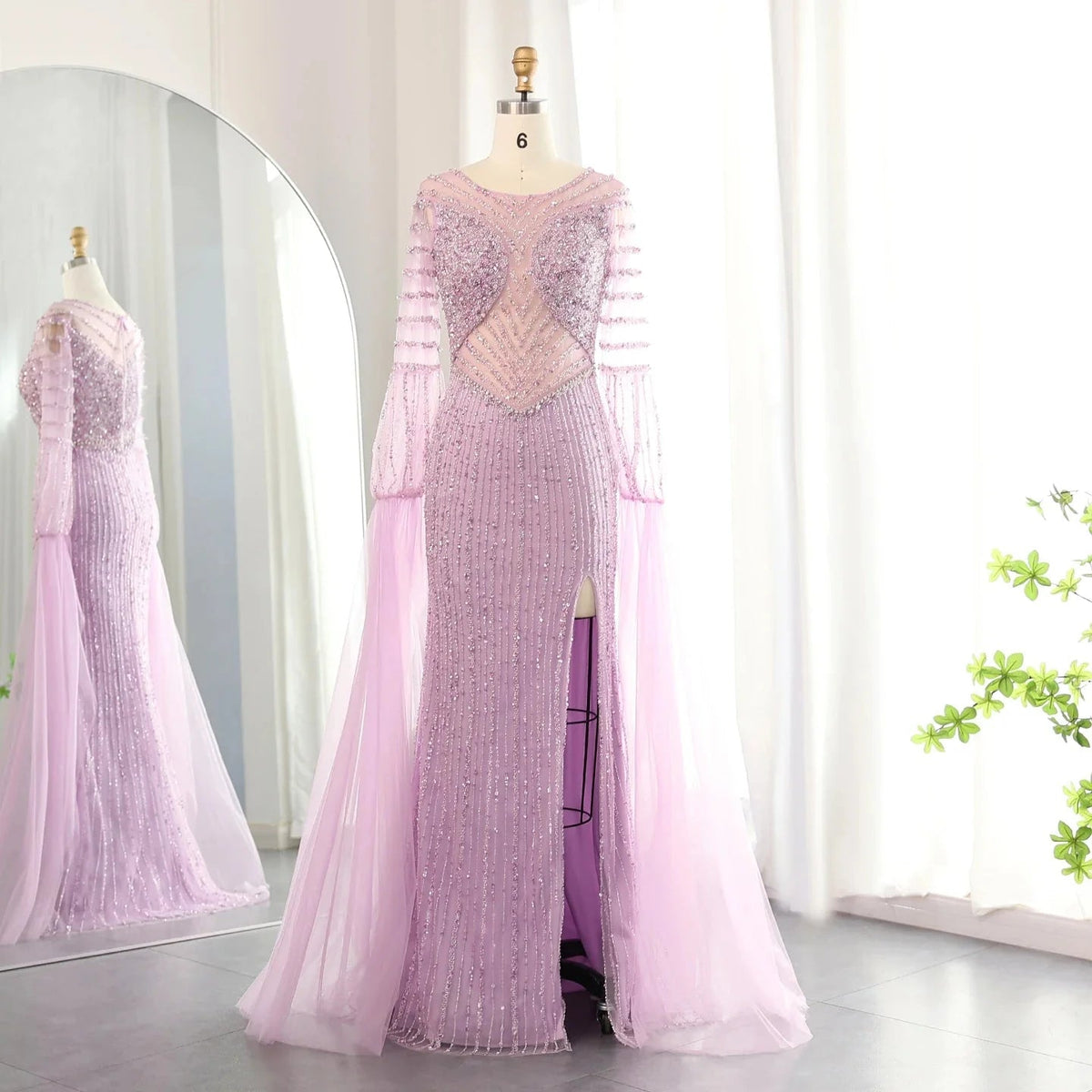 Luxury Dubai Mermaid Lilac Evening Dress with Cape Sleeves Slit Elegant Sage Green Women Wedding Party Gowns SS178