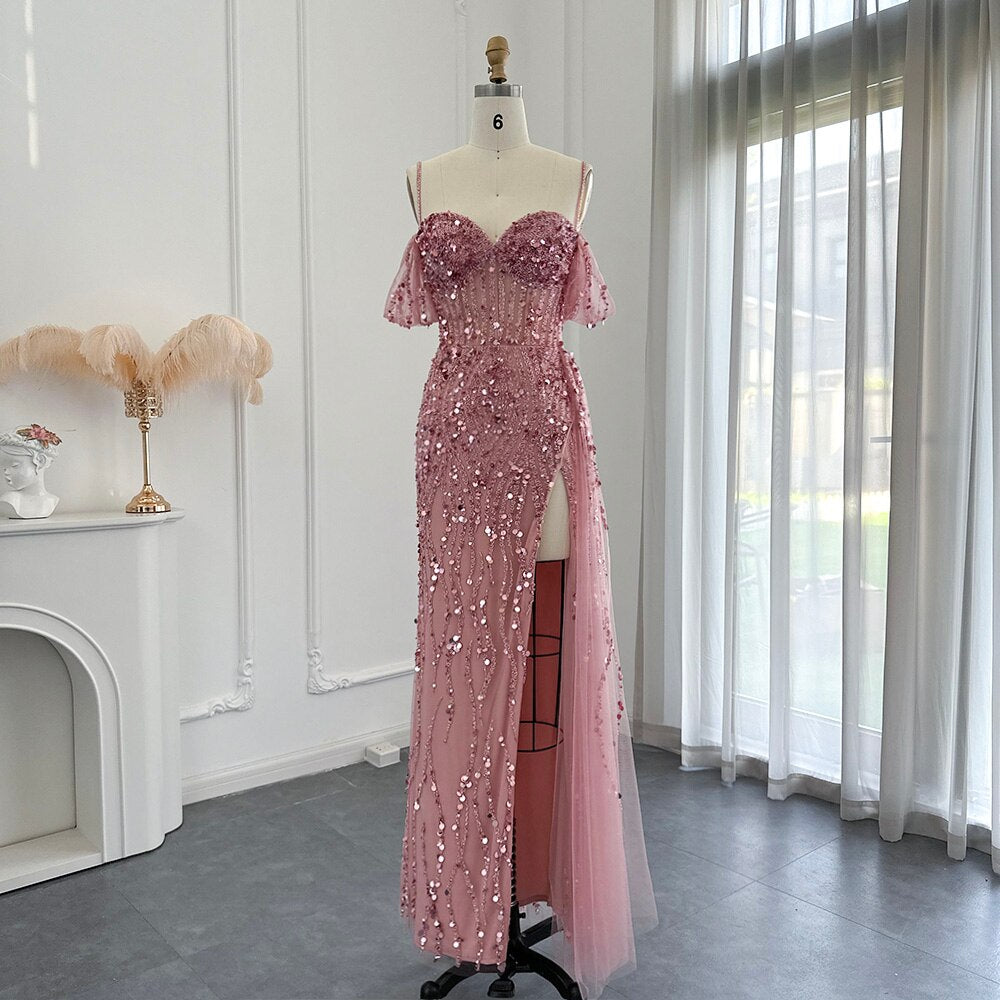 Luxury Dubai Mermaid Pink Evening Dresses for Women Wedding Spaghetti Straps High Slit Blue Prom Party Gowns SS356