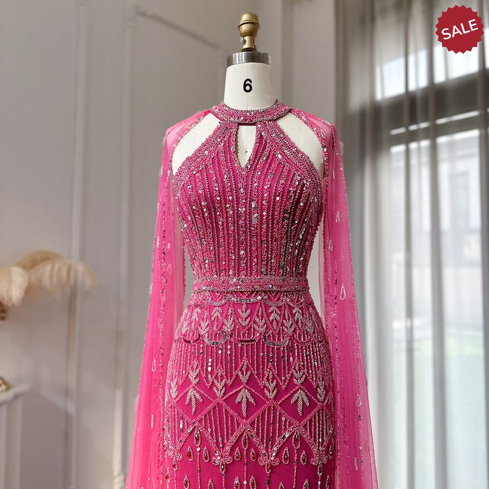 Luxury Dubai Mermaid Pink Evening Dresses with Cape Sleeves 2024 Arabic Women Wedding Guest Formal Party Gowns SS361