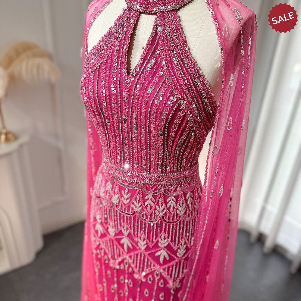 Luxury Dubai Mermaid Pink Evening Dresses with Cape Sleeves 2024 Arabic Women Wedding Guest Formal Party Gowns SS361