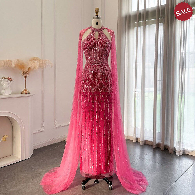 Luxury Dubai Mermaid Pink Evening Dresses with Cape Sleeves 2024 Arabic Women Wedding Guest Formal Party Gowns SS361