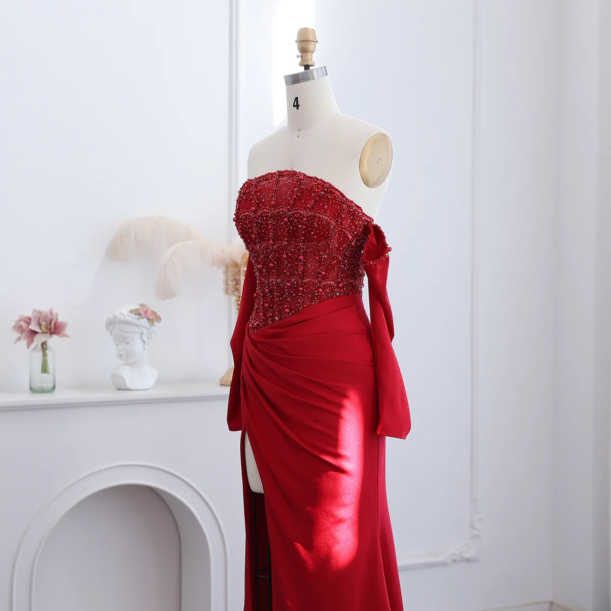 Luxury Dubai Mermaid White Evening Dress Sexy Scalloped High Slit Prom Dresses for Women Wedding Party SS416