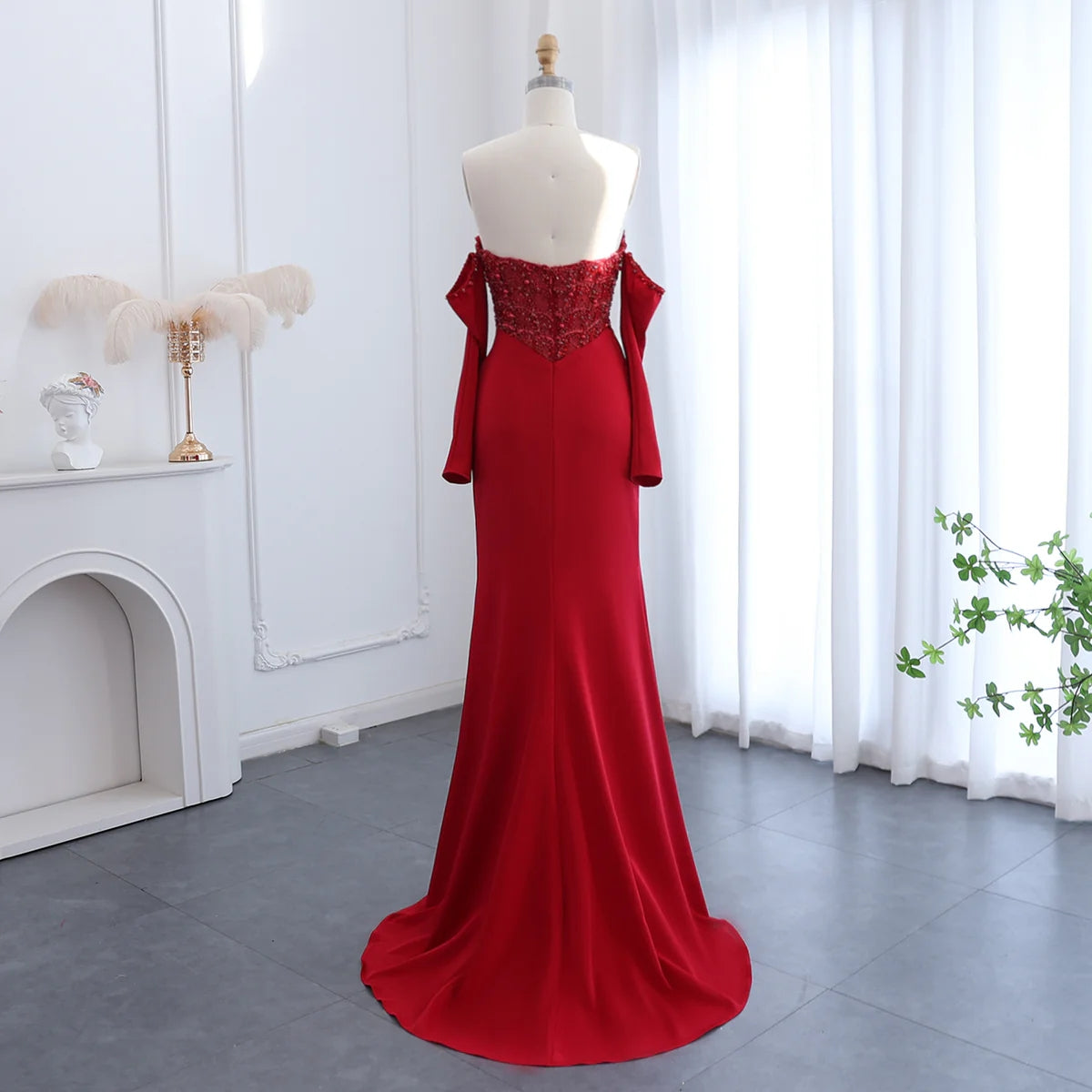 Luxury Dubai Mermaid White Evening Dress Sexy Scalloped High Slit Prom Dresses for Women Wedding Party SS416
