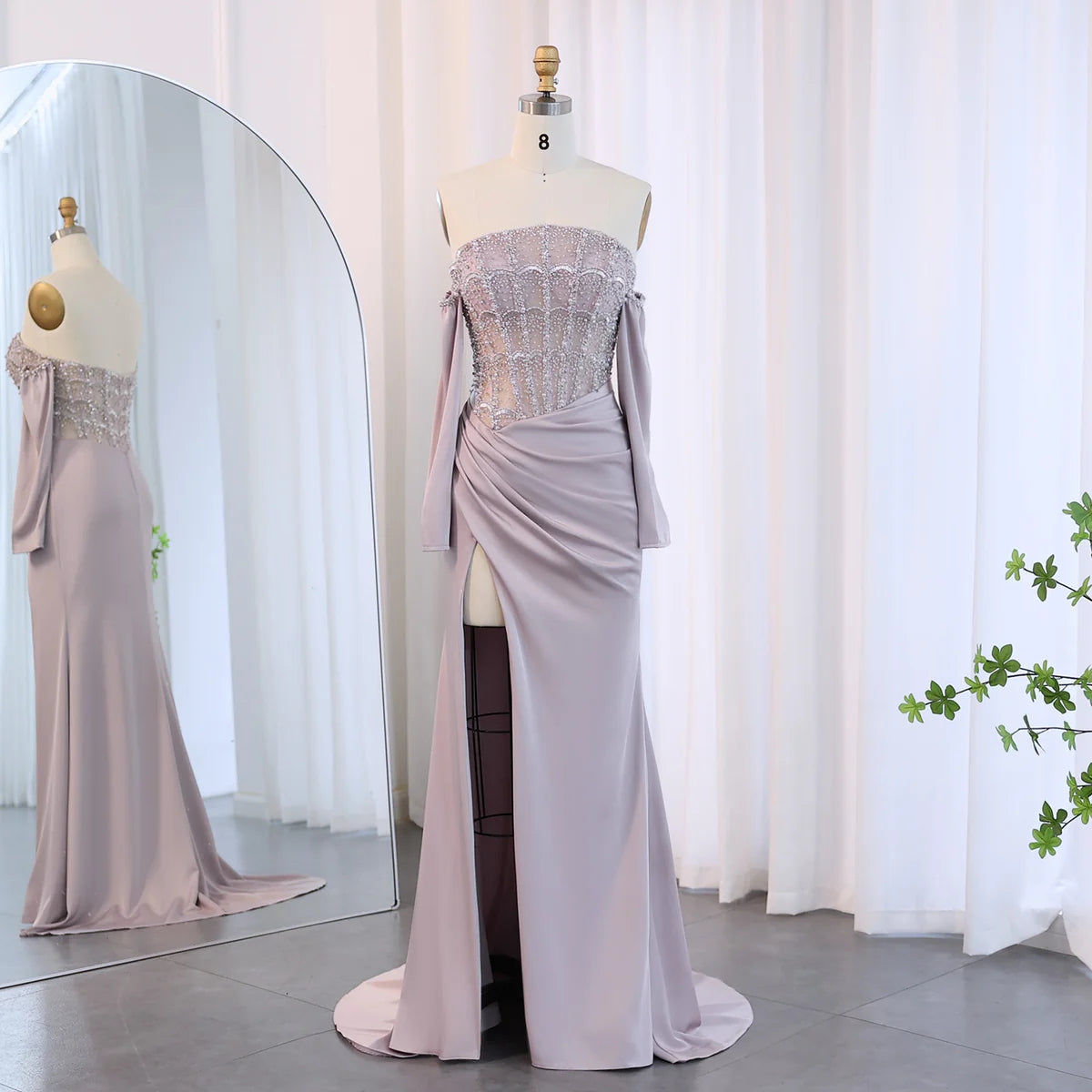 Luxury Dubai Mermaid White Evening Dress Sexy Scalloped High Slit Prom Dresses for Women Wedding Party SS416
