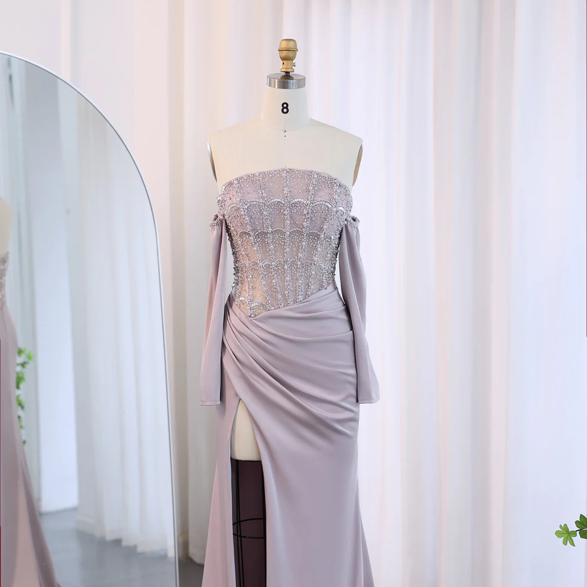 Luxury Dubai Mermaid White Evening Dress Sexy Scalloped High Slit Prom Dresses for Women Wedding Party SS416