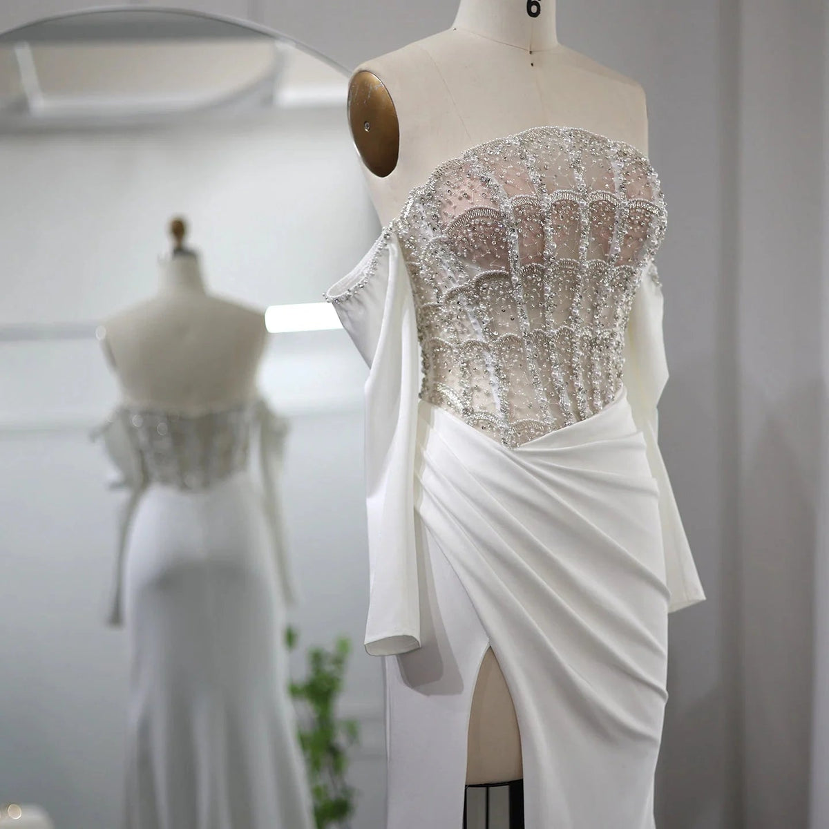 Luxury Dubai Mermaid White Evening Dress Sexy Scalloped High Slit Prom Dresses for Women Wedding Party SS416