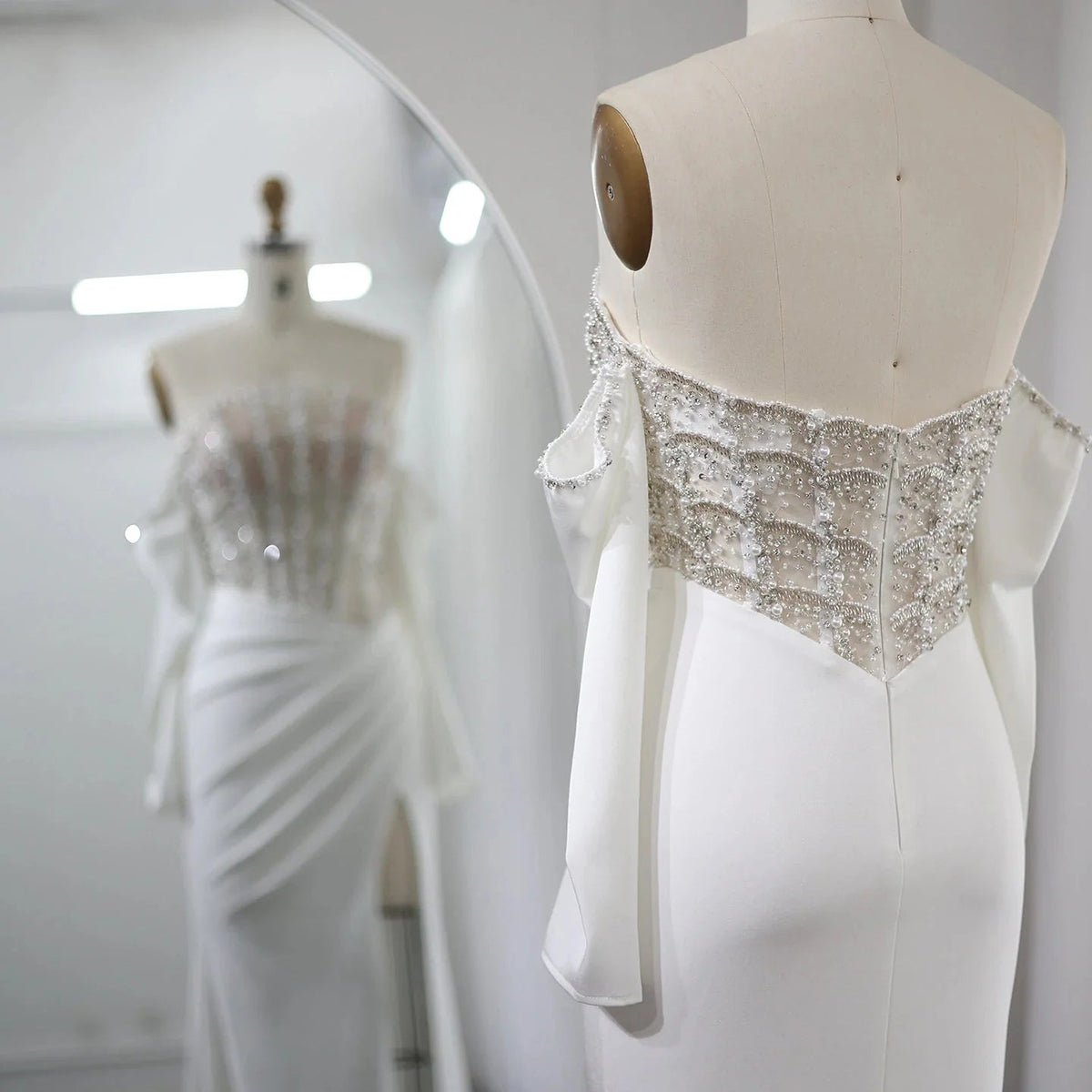 Luxury Dubai Mermaid White Evening Dress Sexy Scalloped High Slit Prom Dresses for Women Wedding Party SS416