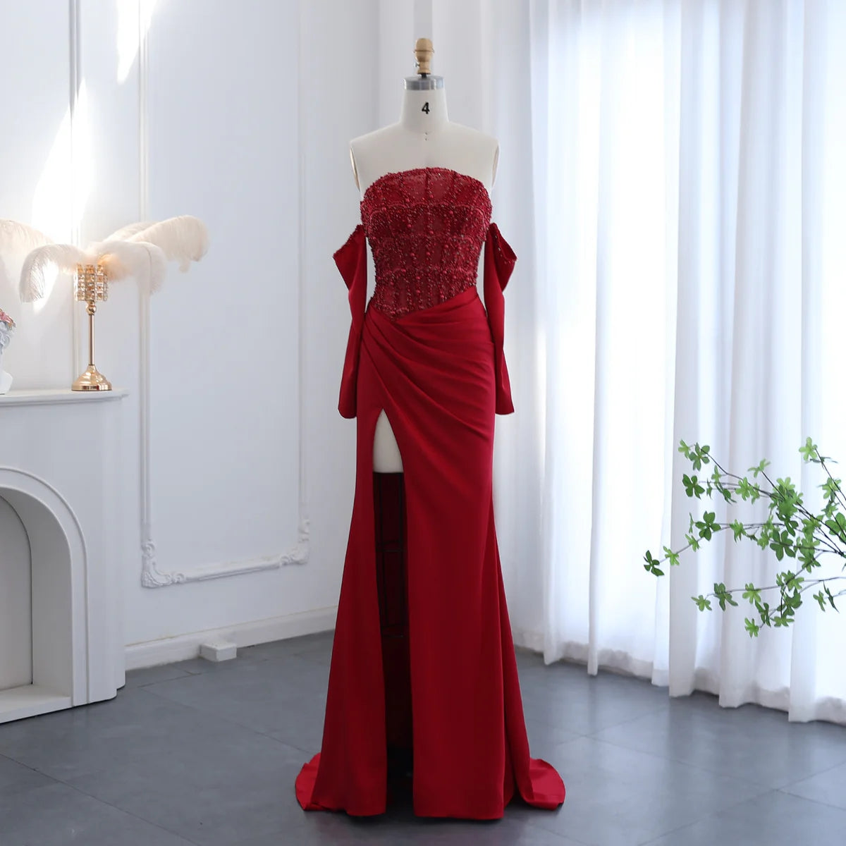 Luxury Dubai Mermaid White Evening Dress Sexy Scalloped High Slit Prom Dresses for Women Wedding Party SS416