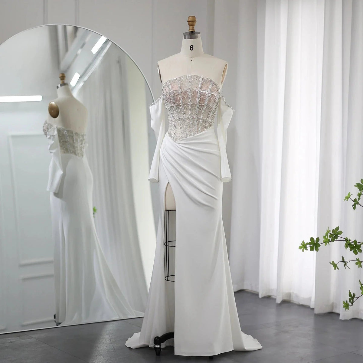 Luxury Dubai Mermaid White Evening Dress Sexy Scalloped High Slit Prom Dresses for Women Wedding Party SS416