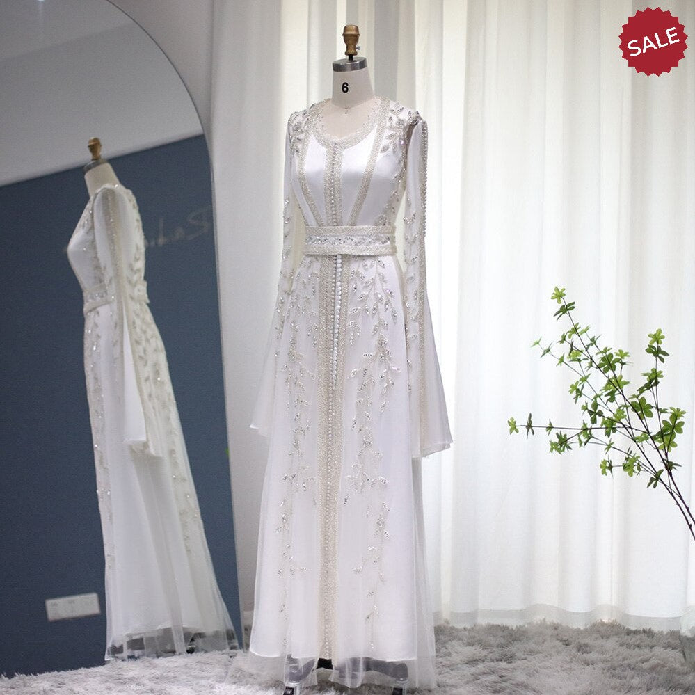 Luxury Dubai Moroccan Kaftan Ivory Evening Dresses for Women Wedding Party Elegant Long Sleeve Muslim Arabic Formal Dress SS439