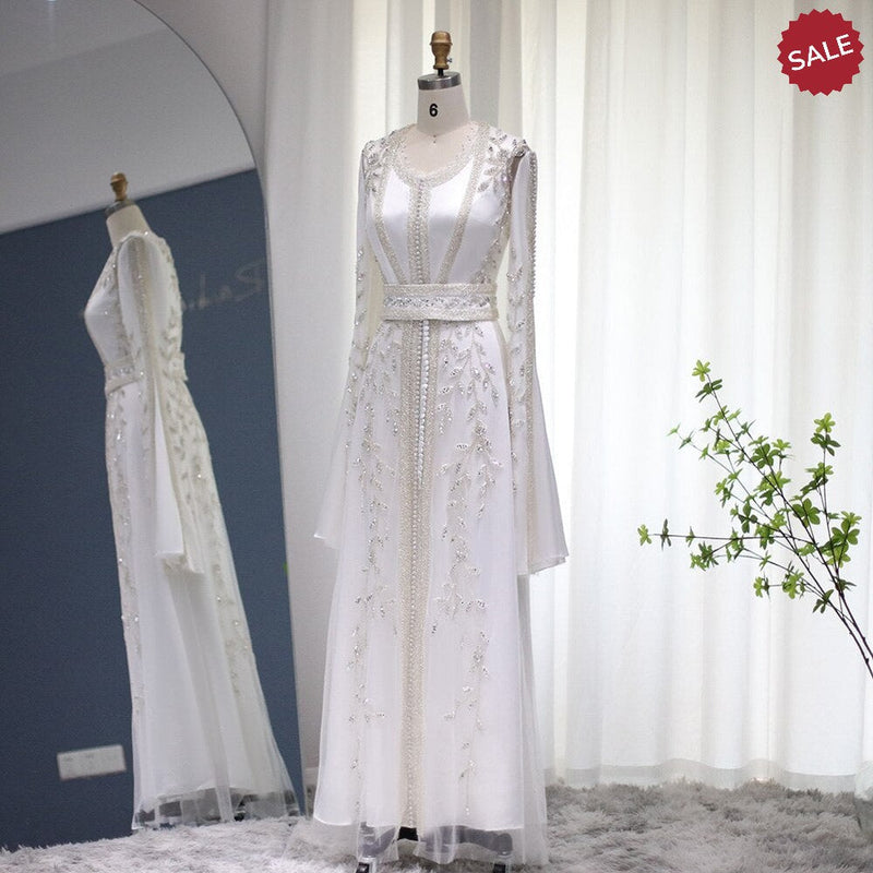 Luxury Dubai Moroccan Kaftan Ivory Evening Dresses for Women Wedding Party Elegant Long Sleeve Muslim Arabic Formal Dress SS439