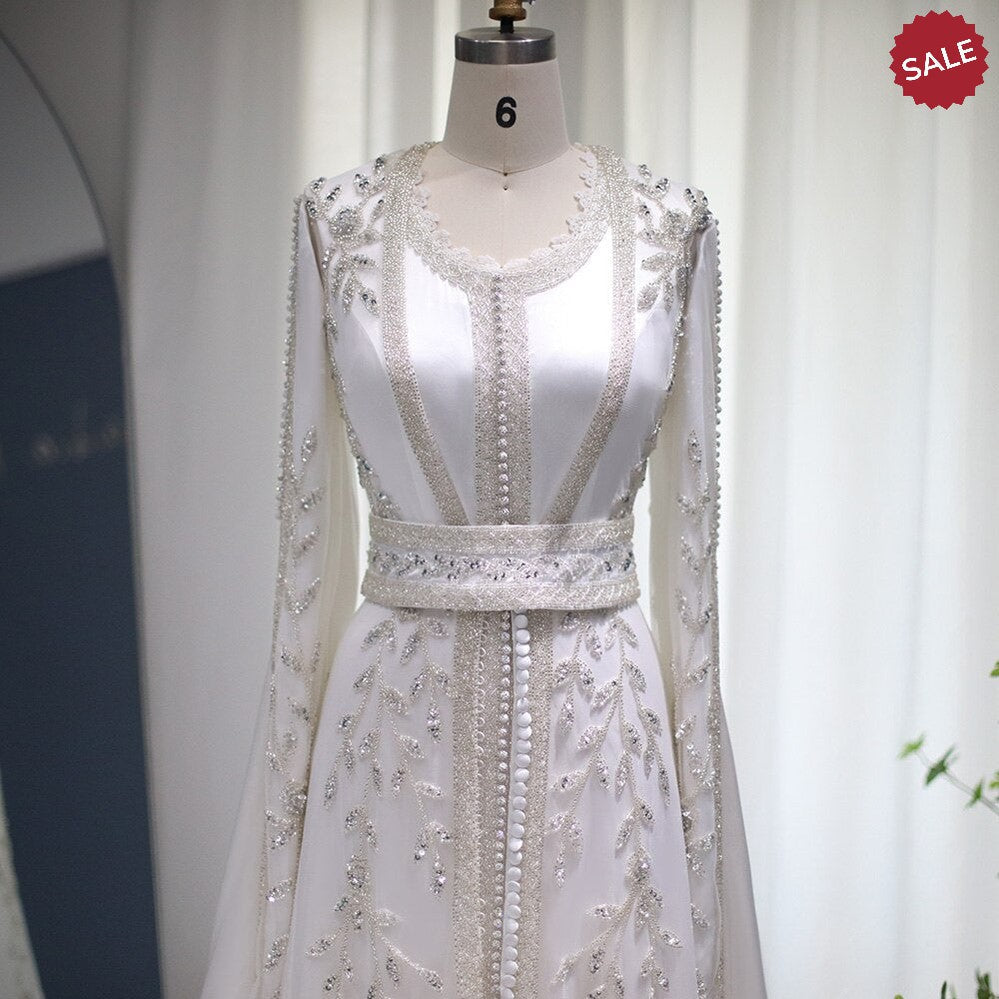 Luxury Dubai Moroccan Kaftan Ivory Evening Dresses for Women Wedding Party Elegant Long Sleeve Muslim Arabic Formal Dress SS439