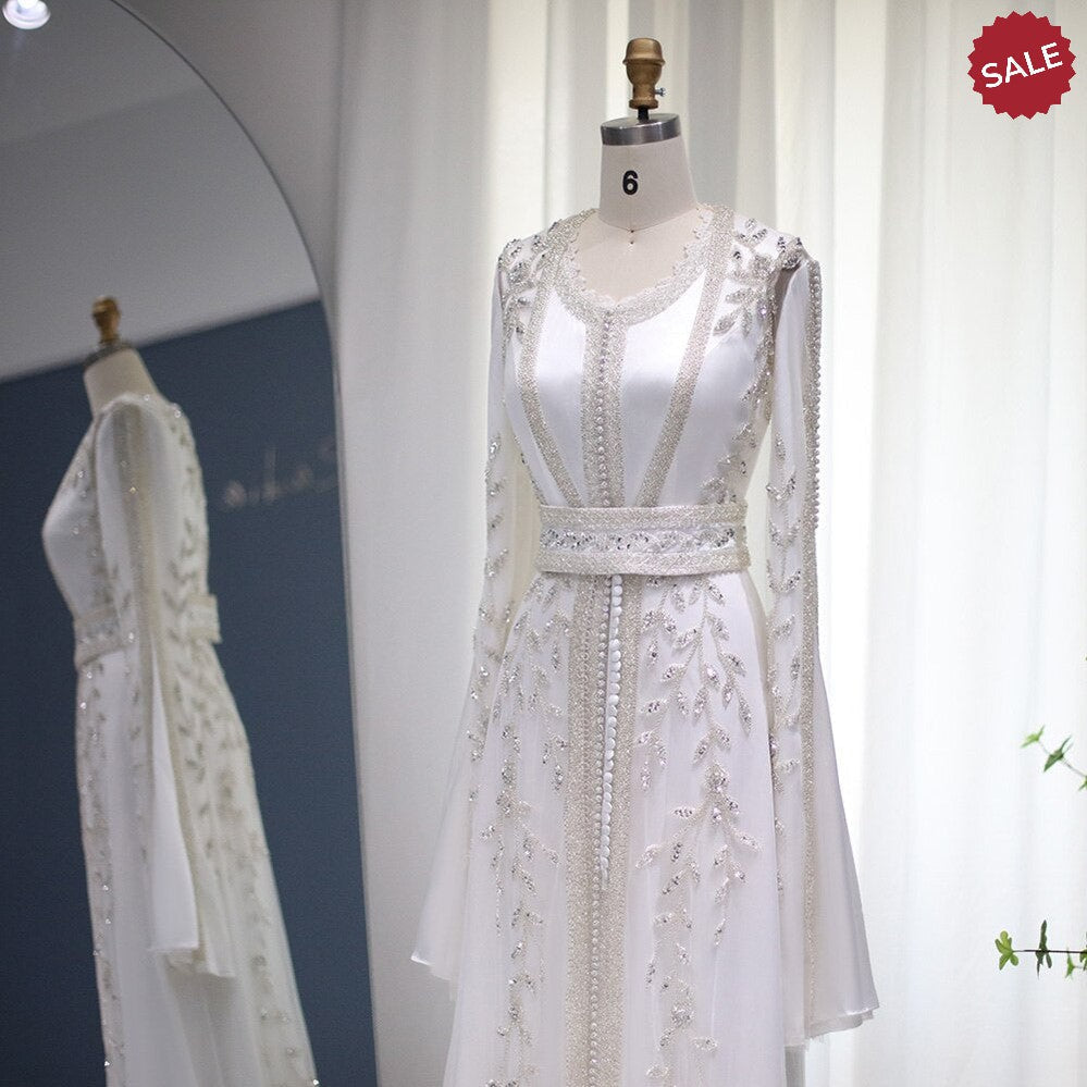 Luxury Dubai Moroccan Kaftan Ivory Evening Dresses for Women Wedding Party Elegant Long Sleeve Muslim Arabic Formal Dress SS439